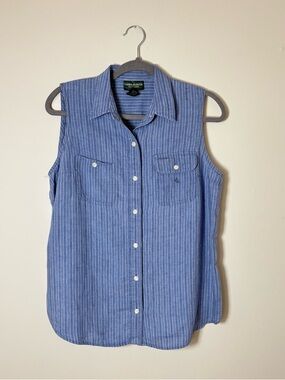 Ralph Lauren 100% Linen Sleeveless Blue Pin Stripe Button Down Top SZ L Preppy